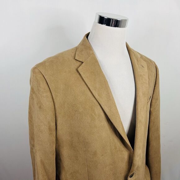 Chaps 44L Sport Coat Sueded Polyester Beige Floral Lining Two Button Vented - Picture 1 of 8